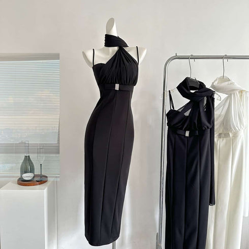Spaghetti Straps Chiffon Scarf Long Fitted Evening Dress